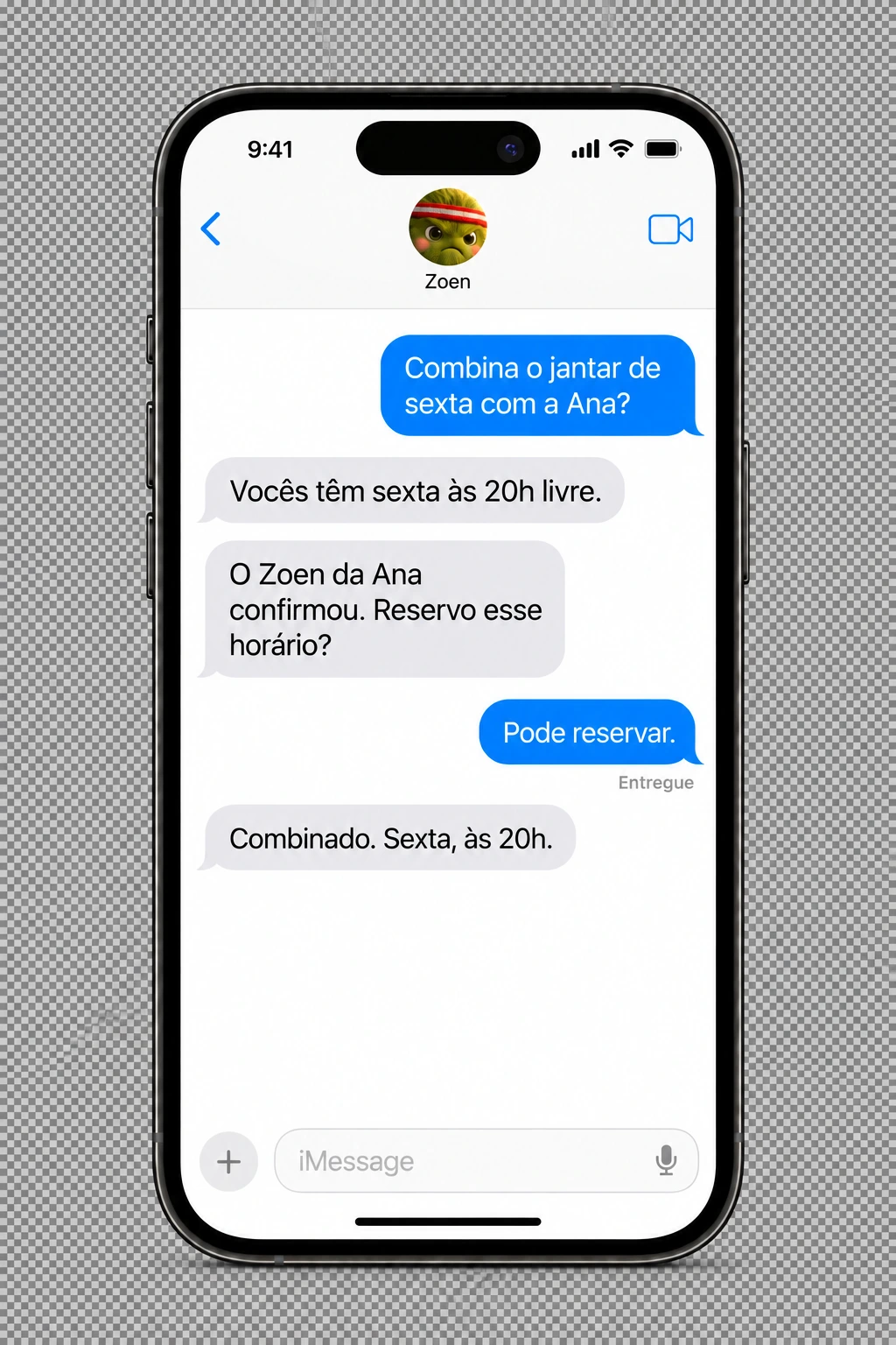 Mockup de iMessage: seu Zoen e o da Ana combinam um jantar para sexta às 20h, com sua confirmação.