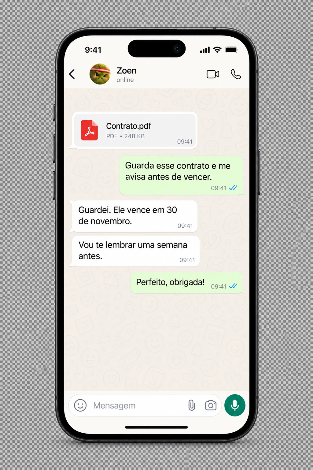Mockup de WhatsApp: o Zoen guarda um contrato e combina um lembrete antes do vencimento.